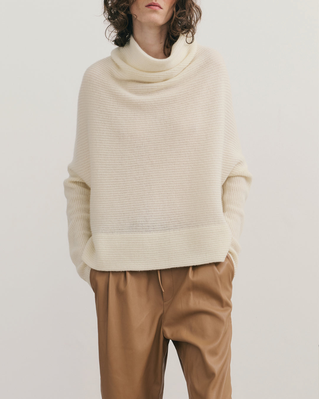 RIB KNIT COWL NECK CROP TOP - CREAM RAW