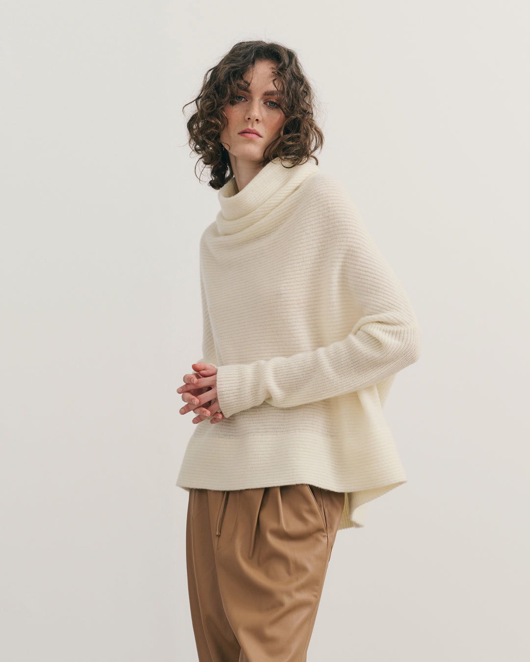 RIB KNIT COWL NECK CROP TOP - CREAM RAW