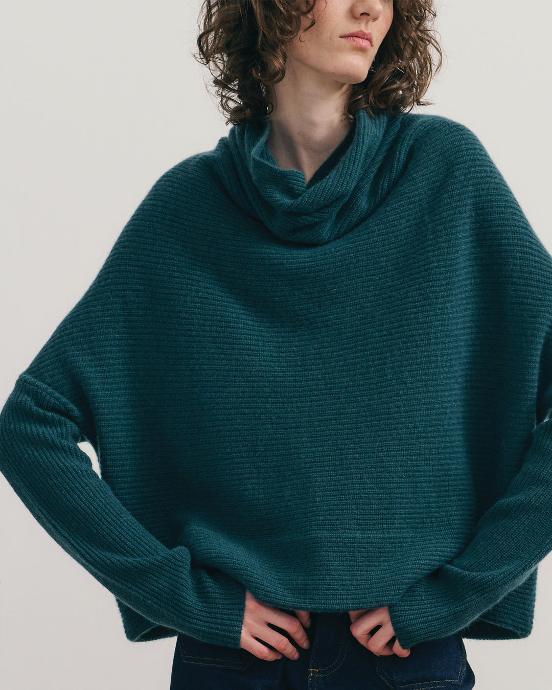 RIB KNIT COWL NECK CROP TOP - OPAL BLUE