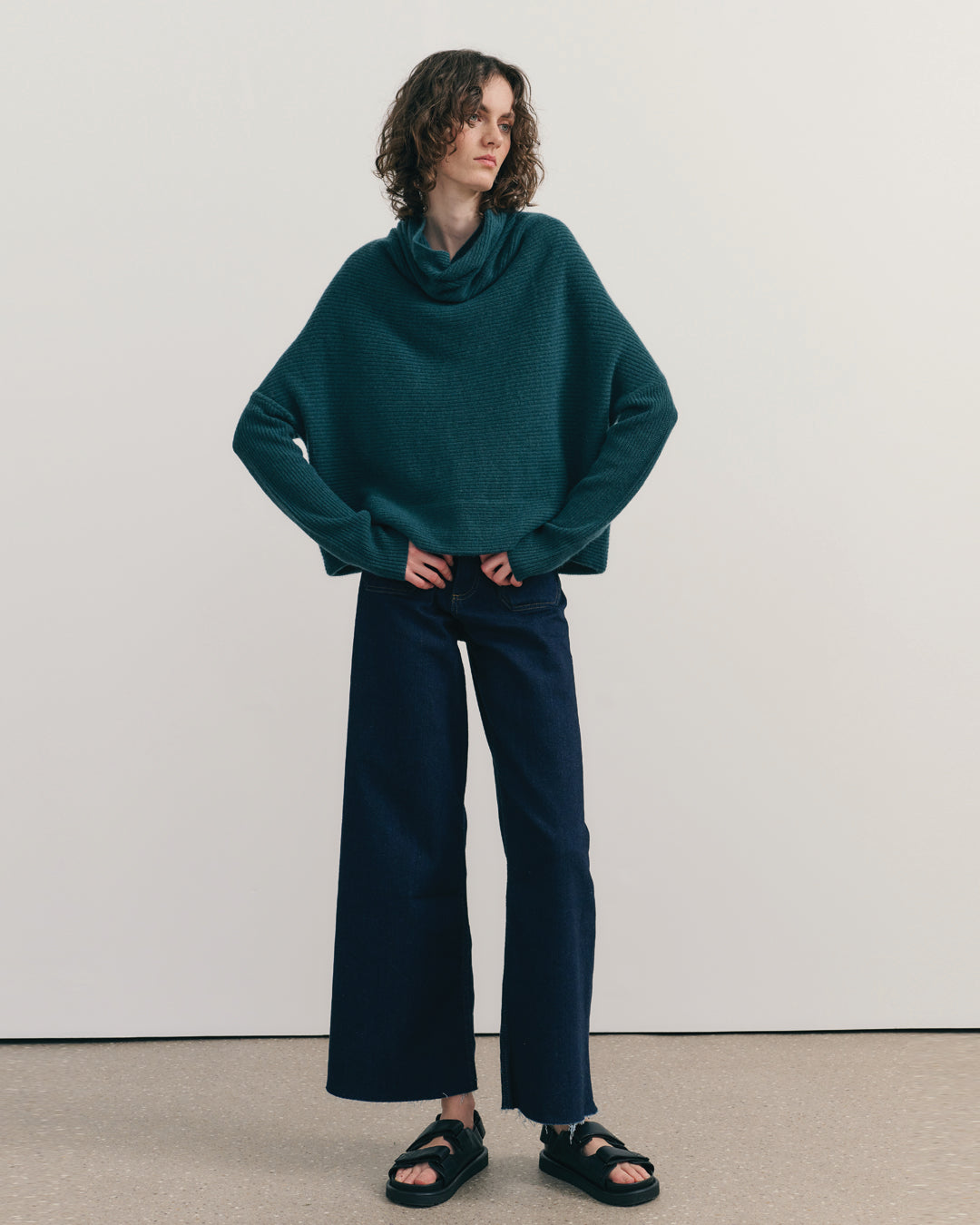 RIB KNIT COWL NECK CROP TOP - OPAL BLUE