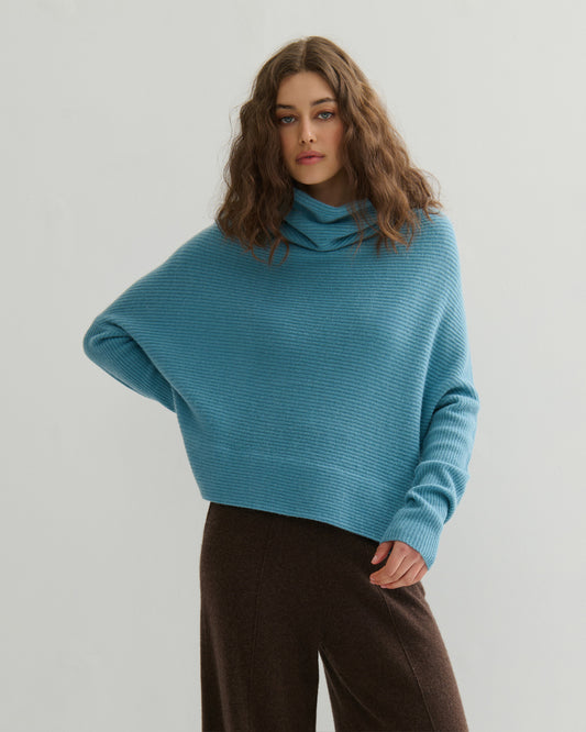 RIB KNIT COWL NECK CROP TOP - LAKE BLUE