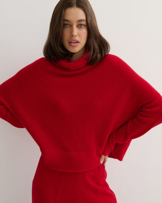 RIB KNIT COWL NECK CROP TOP - SCARLET RED