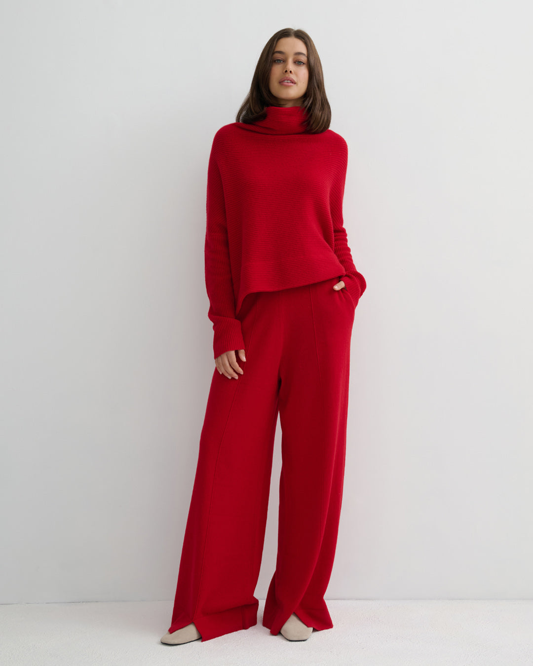 RIB KNIT COWL NECK CROP TOP - SCARLET RED