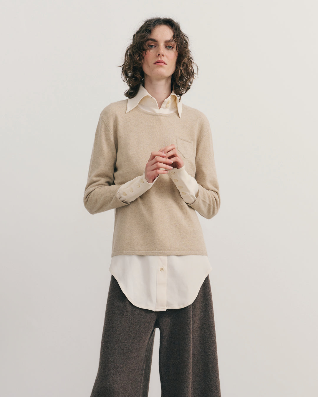 CASHMERE 3/4 SLEEVE TOP - BEIGE RAW