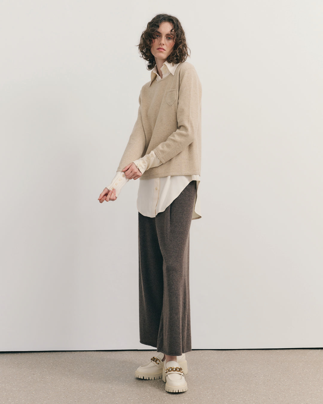 CASHMERE 3/4 SLEEVE TOP - BEIGE RAW