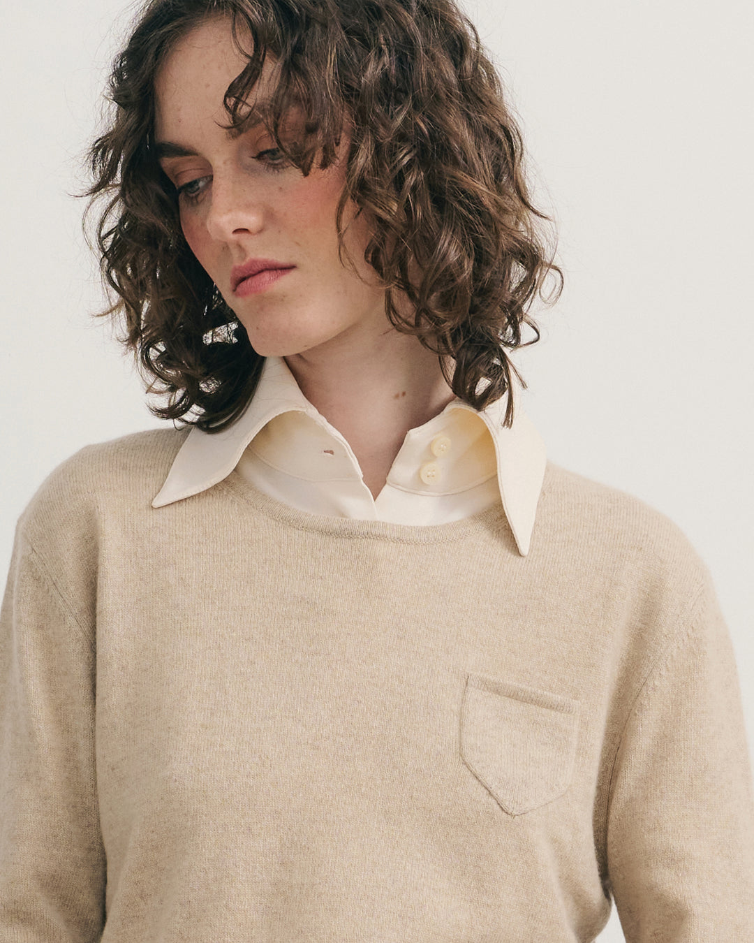 CASHMERE 3/4 SLEEVE TOP - BEIGE RAW