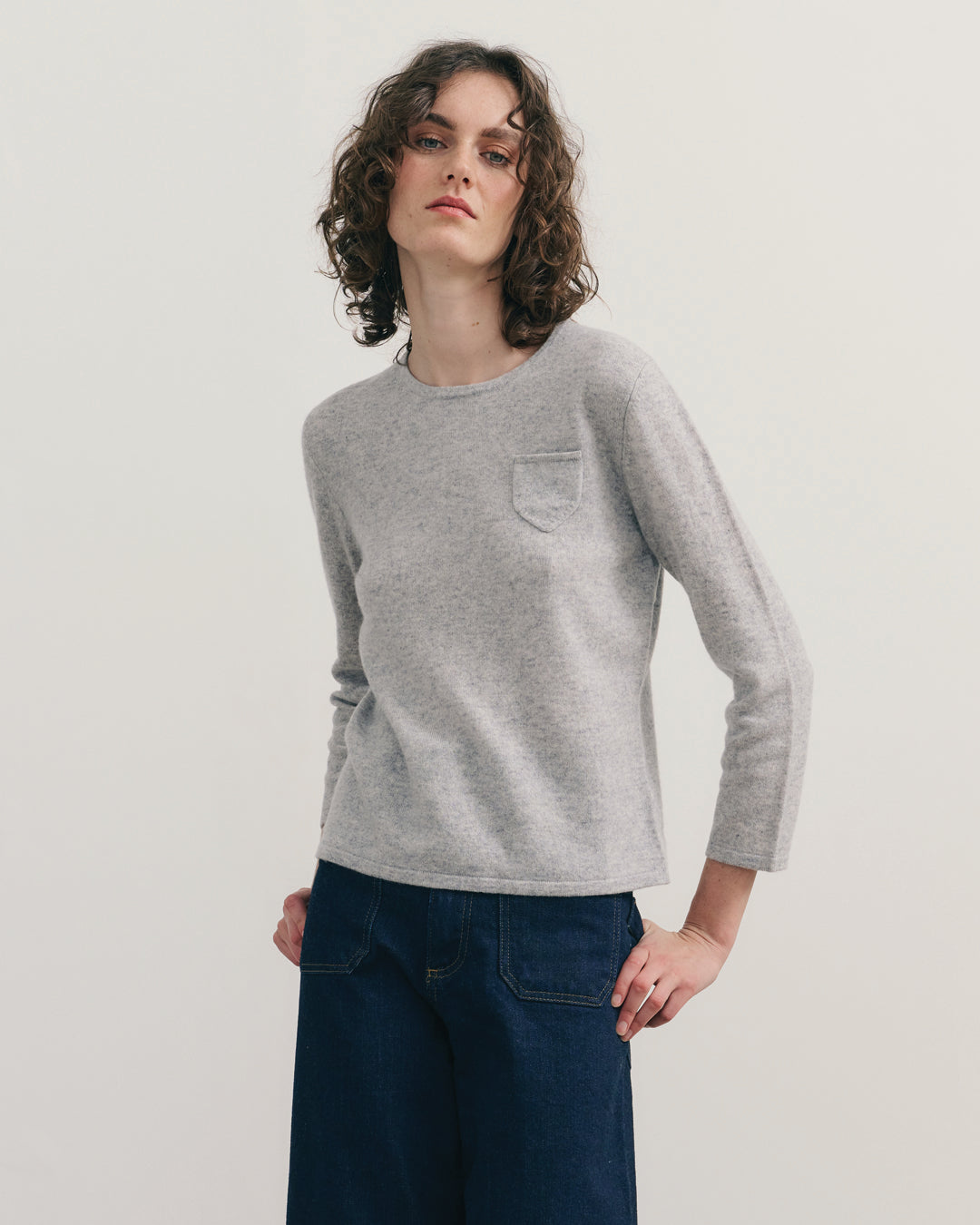 CASHMERE 3/4 SLEEVE TOP - LIGHT GREY