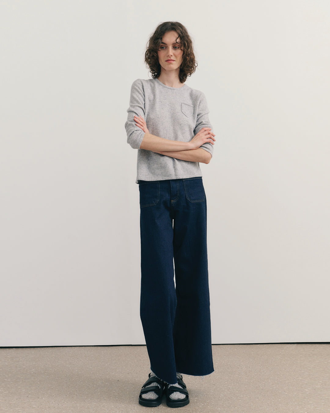 CASHMERE 3/4 SLEEVE TOP - LIGHT GREY