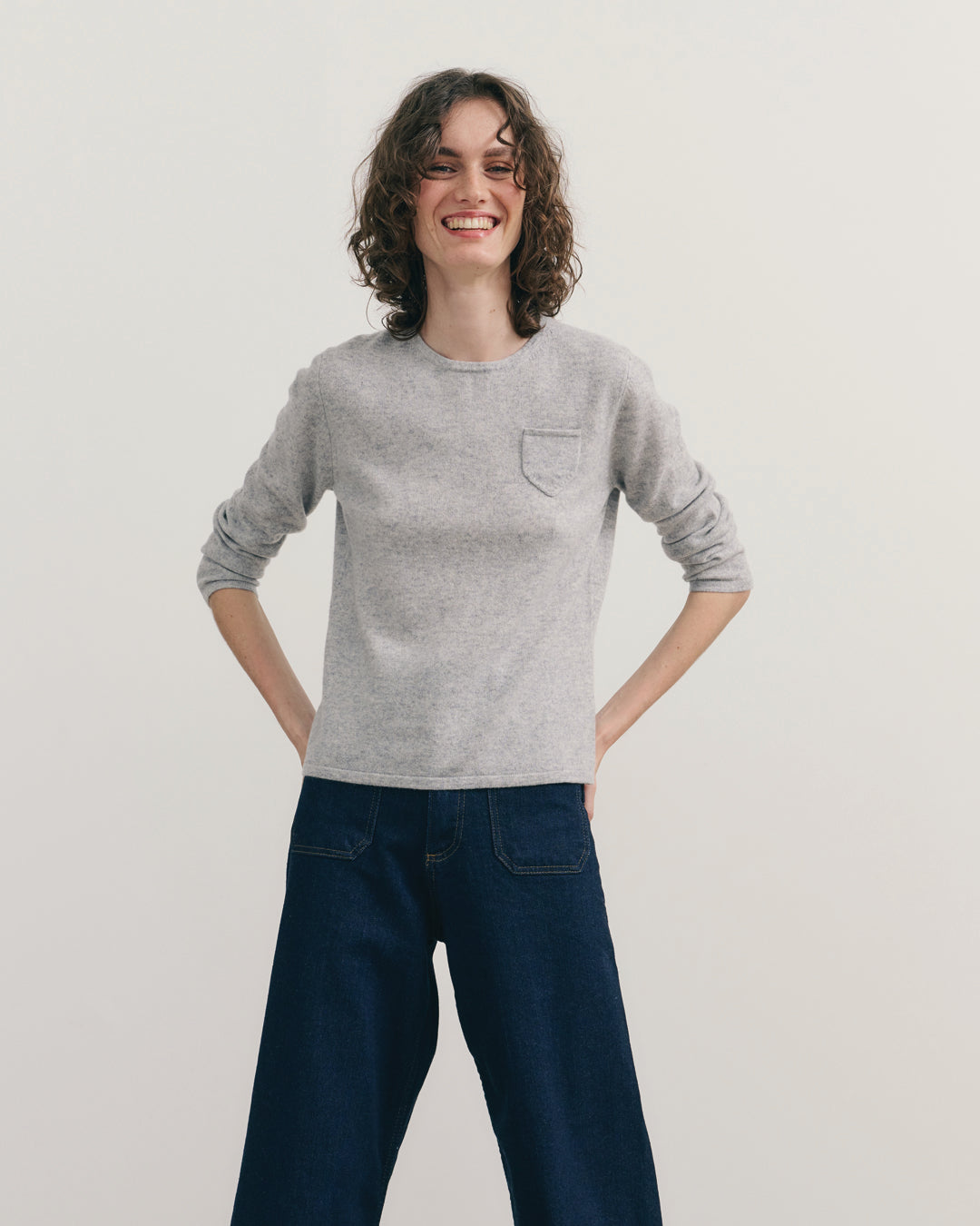 CASHMERE 3/4 SLEEVE TOP - LIGHT GREY