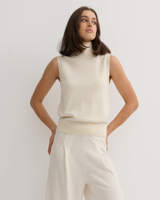 CASHMERE MOCK NECK SLEEVELESS TOP - CREAM RAW