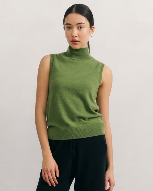 CASHMERE MOCK NECK SLEEVELESS TOP - KAFFIR GREEN
