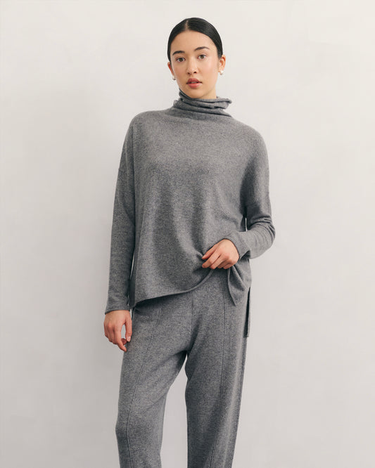 SPLIT SIDE ROLLNECK RELAXED CASHMERE PULLOVER - MID GREY