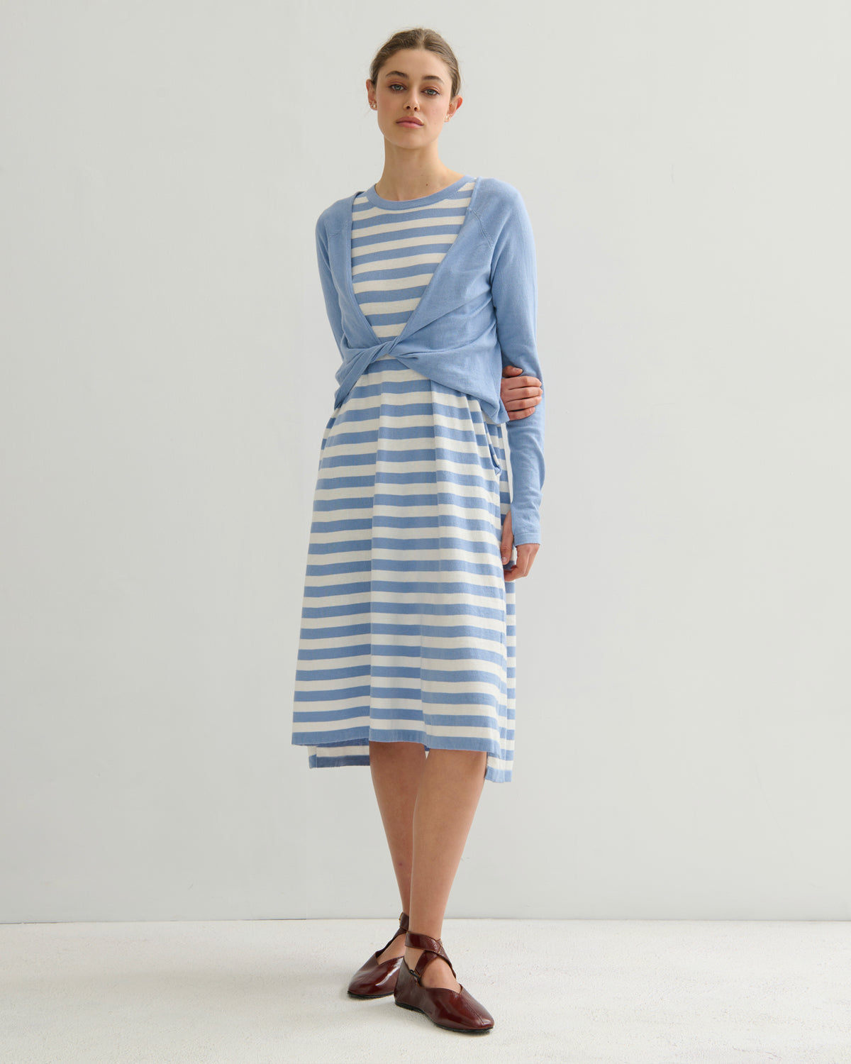 COTTON CASHMERE TWIST WRAP TOP - WASHED DENIM
