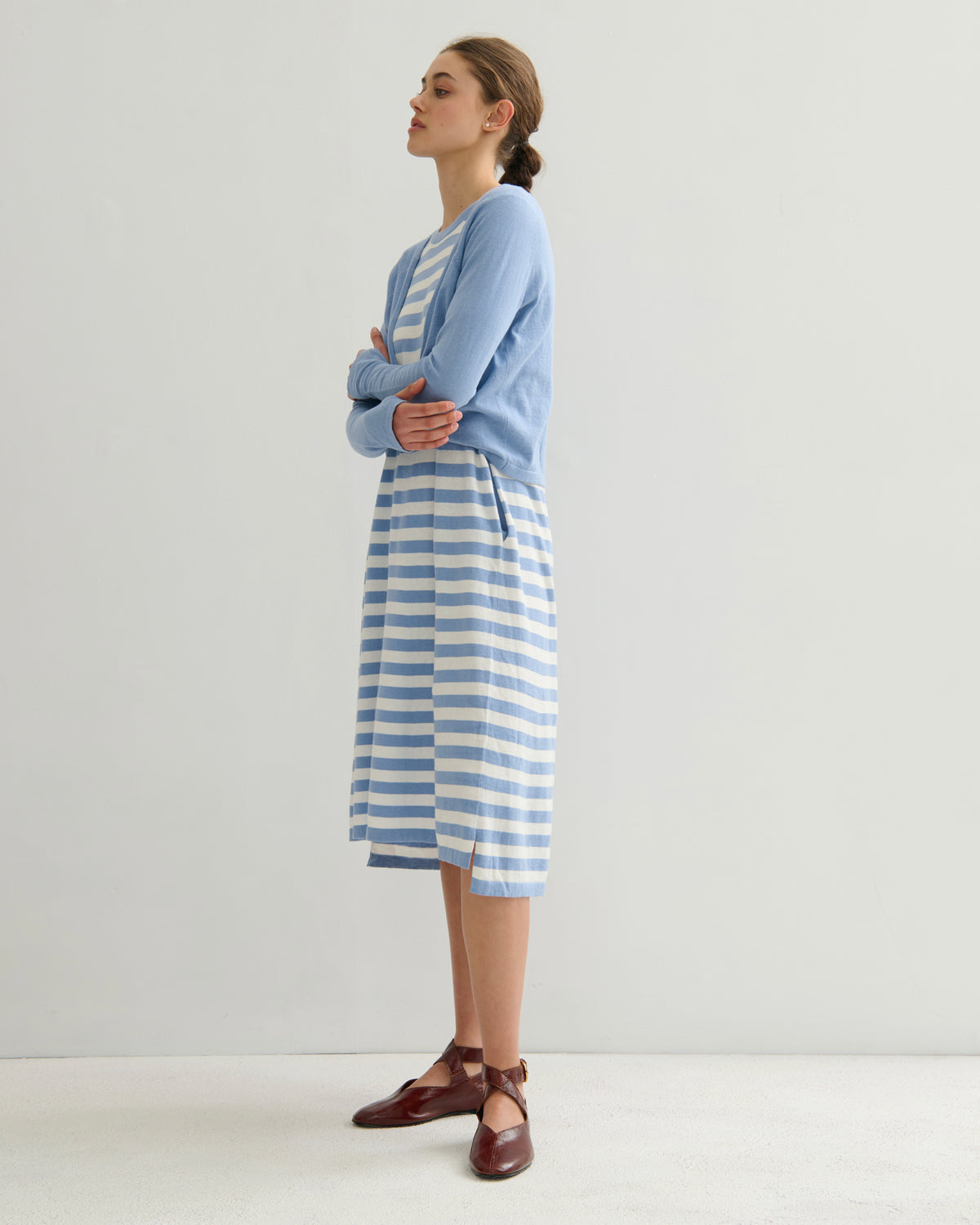 COTTON CASHMERE TWIST WRAP TOP - WASHED DENIM