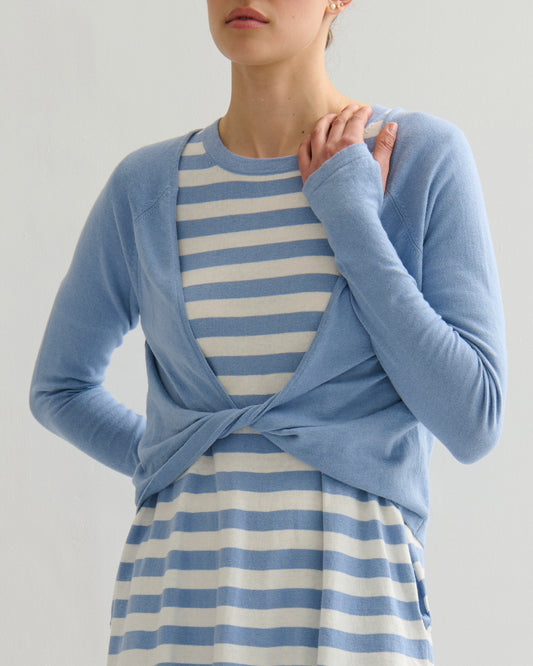 COTTON CASHMERE TWIST WRAP TOP - WASHED DENIM