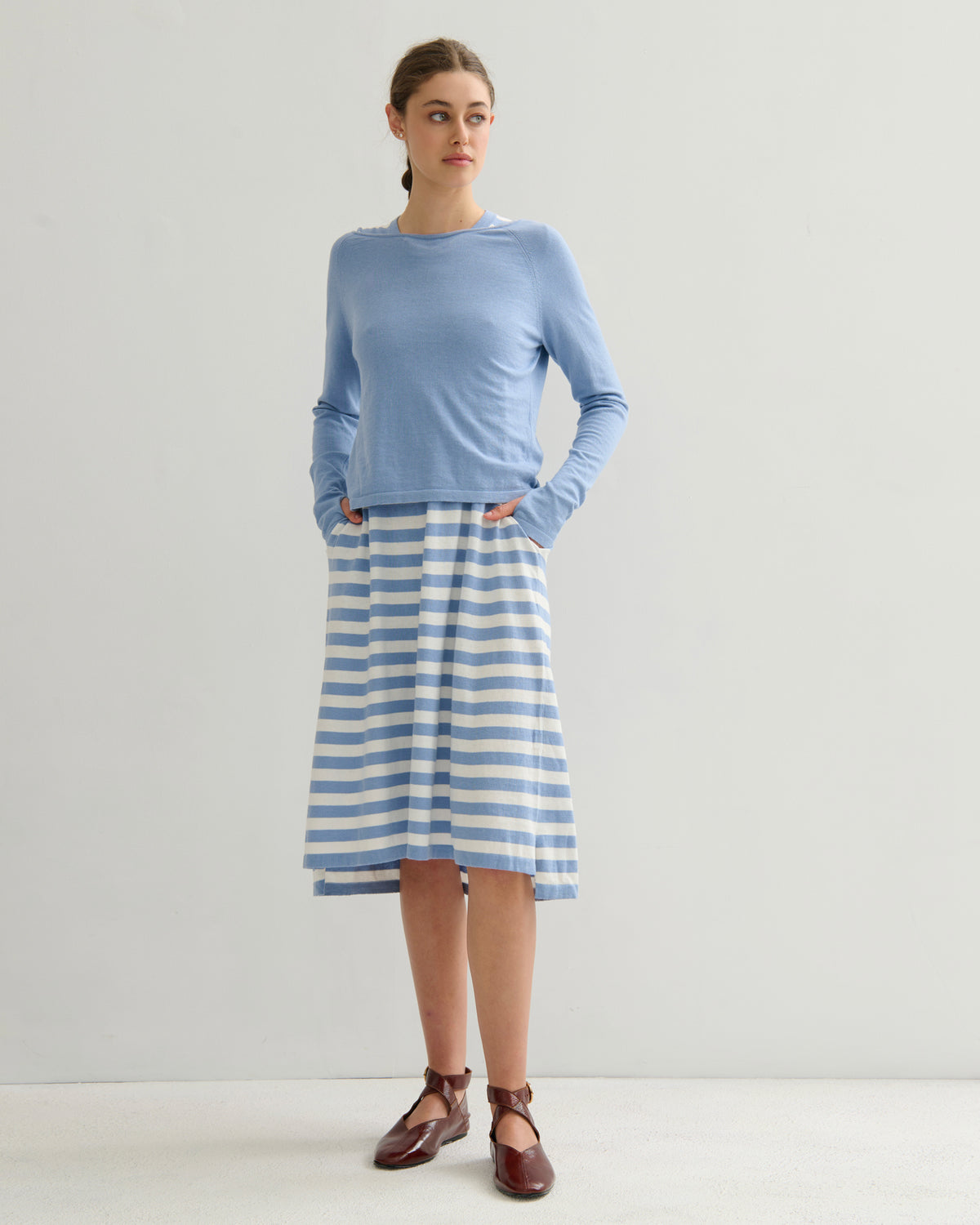 COTTON CASHMERE TWIST WRAP TOP - WASHED DENIM