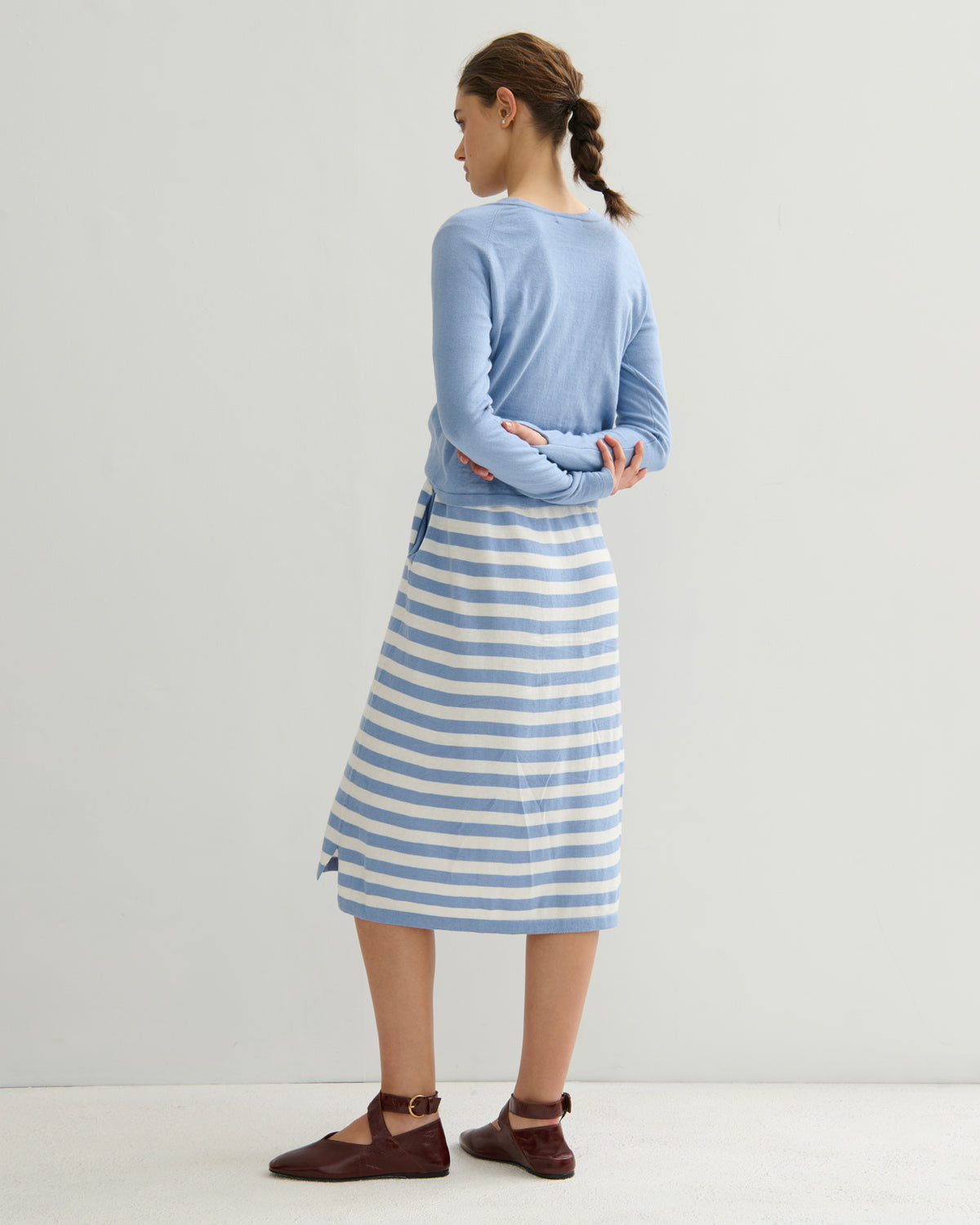 COTTON CASHMERE TWIST WRAP TOP - WASHED DENIM