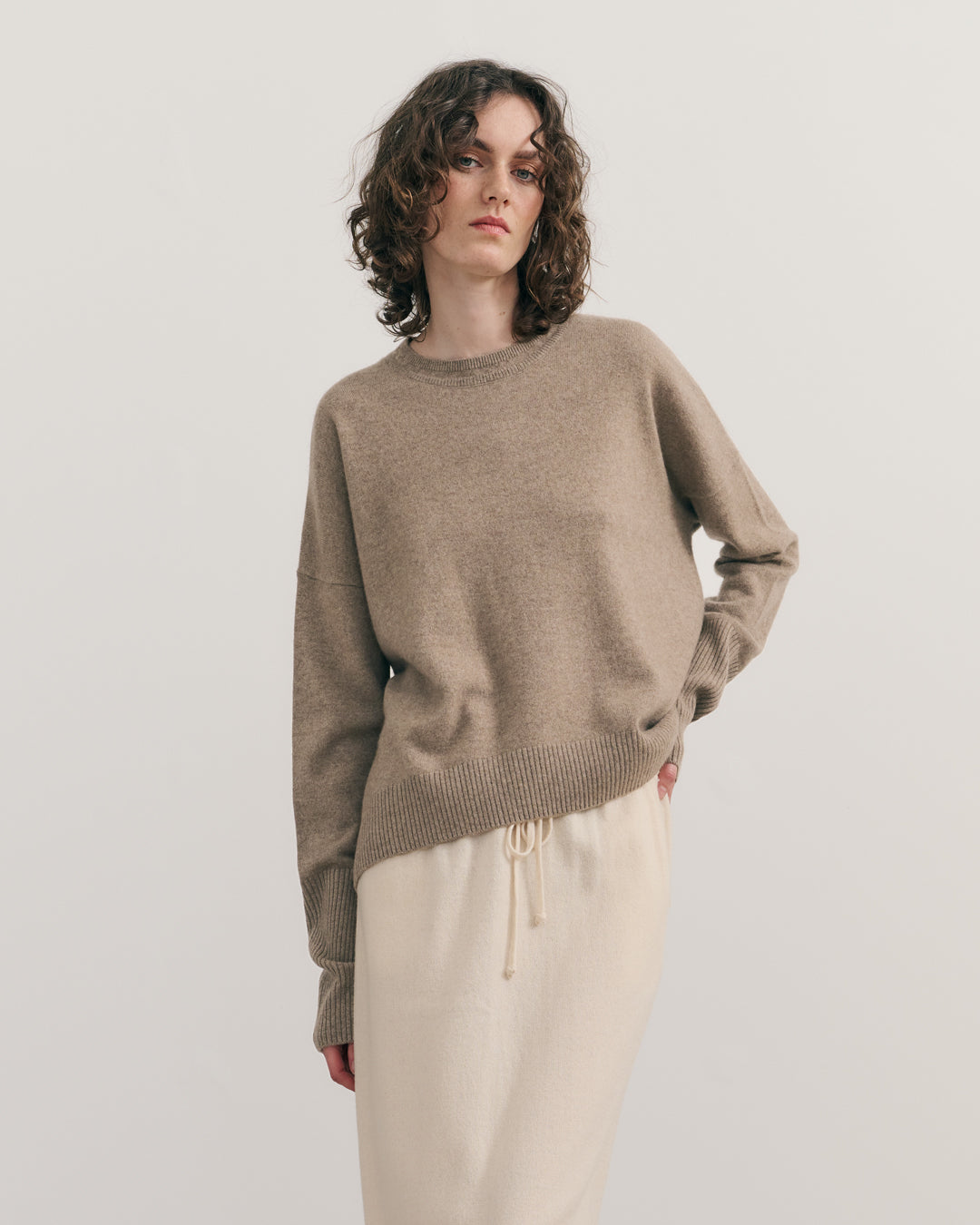 CASHMERE RELAXED CREW NECK PULLOVER - SHIITAKE RAW