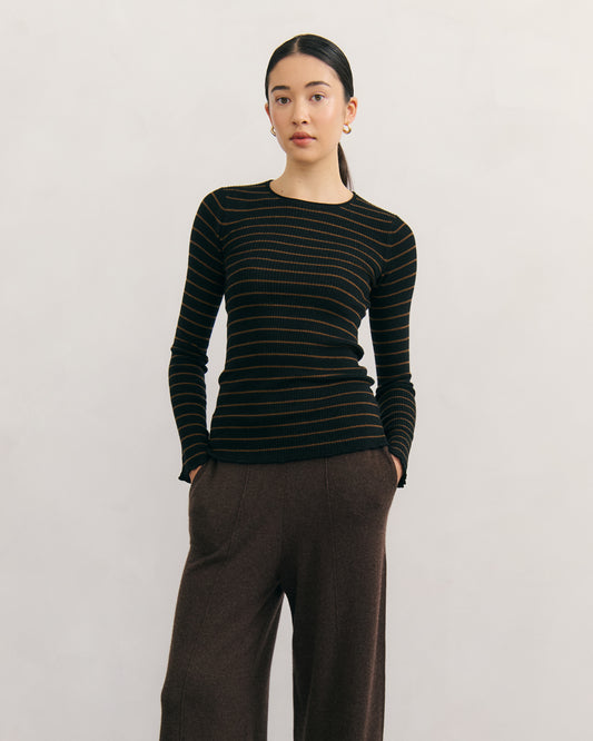 SUPERFINE RIBBED STRIPE TOP - BLACK/BROWN
