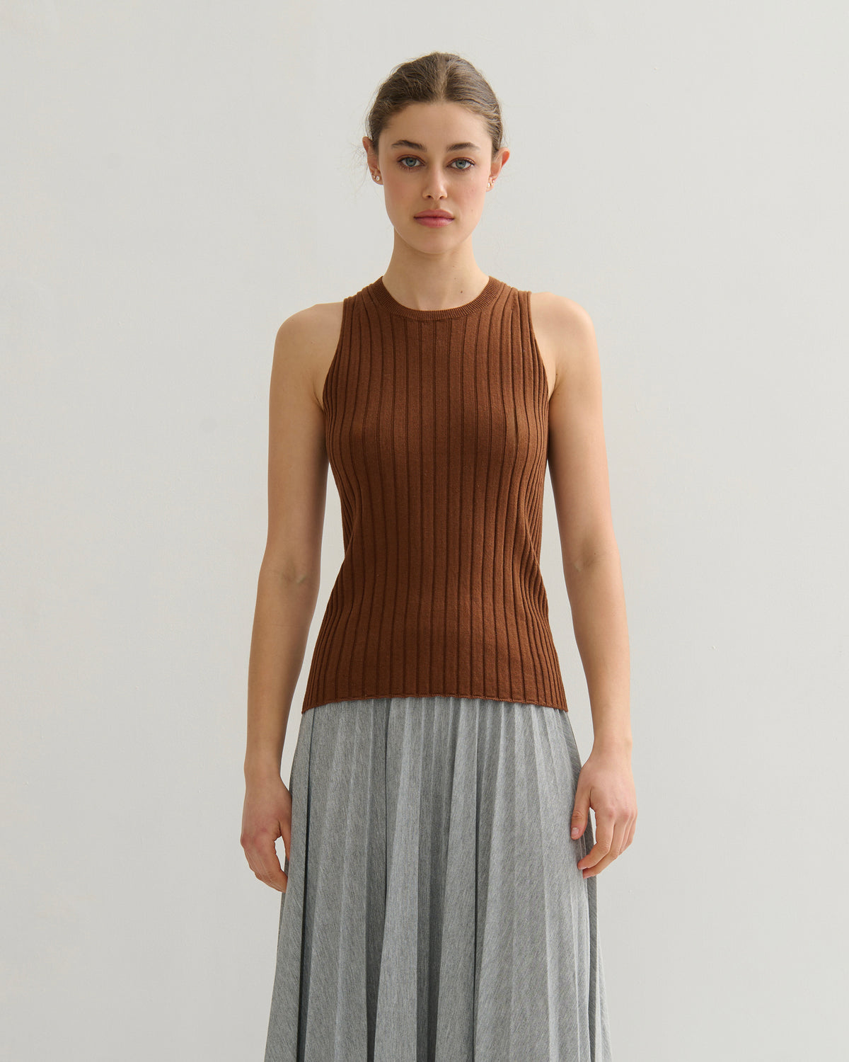 COTTON CASHMERE RIBBED TANK TOP - BURNT CARAMEL