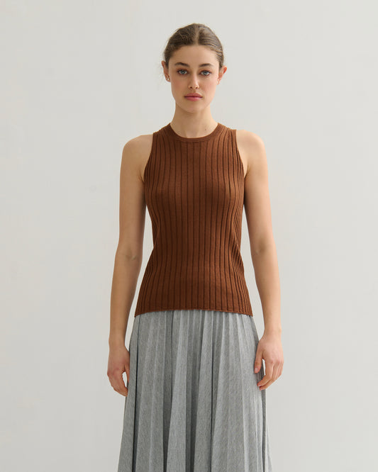 COTTON CASHMERE RIBBED TANK TOP - BURNT CARAMEL