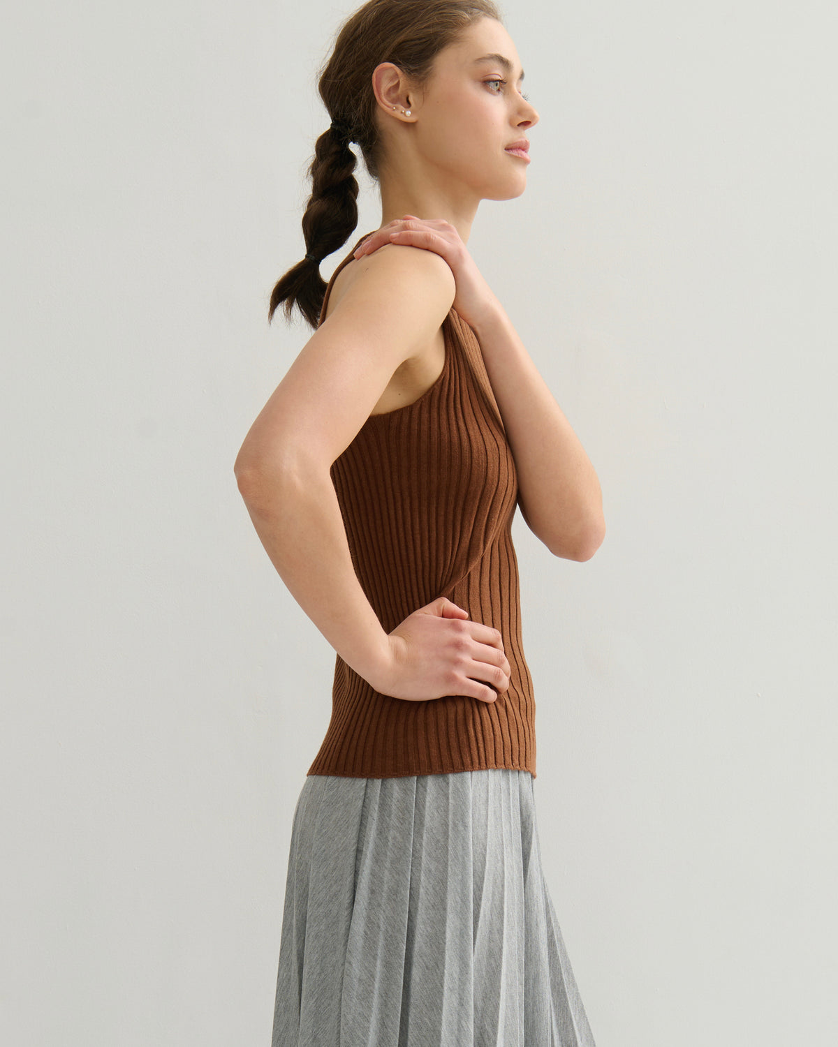 COTTON CASHMERE RIBBED TANK TOP - BURNT CARAMEL