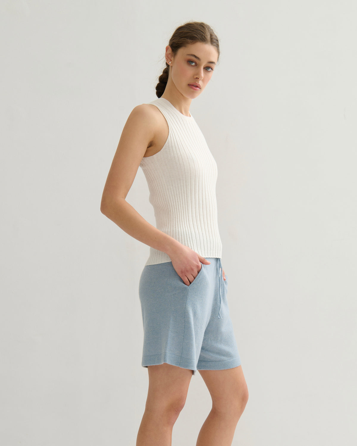 COTTON CASHMERE RIBBED TANK TOP - PEARL WHITE