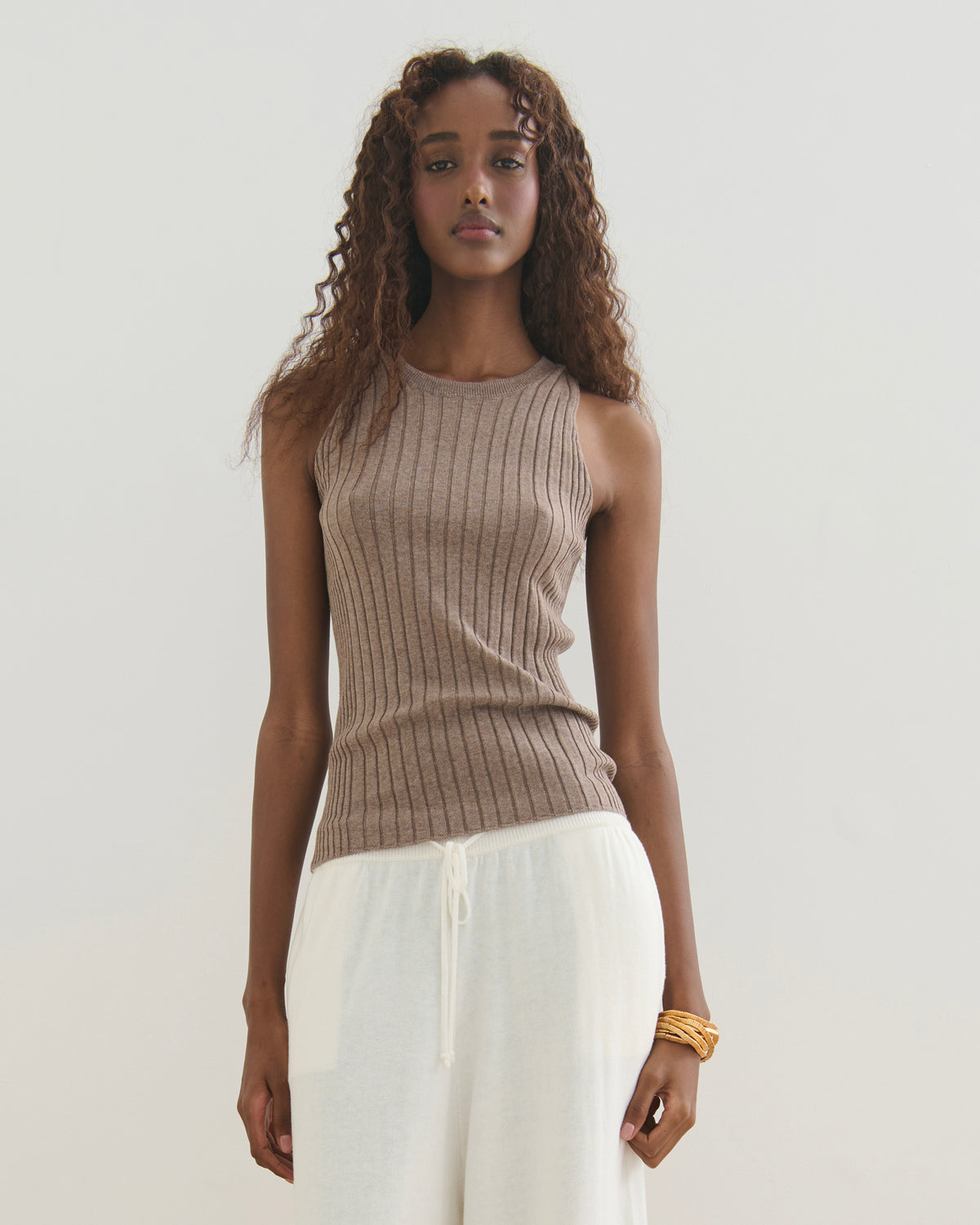 COTTON CASHMERE RIBBED TANK TOP - TAUPE