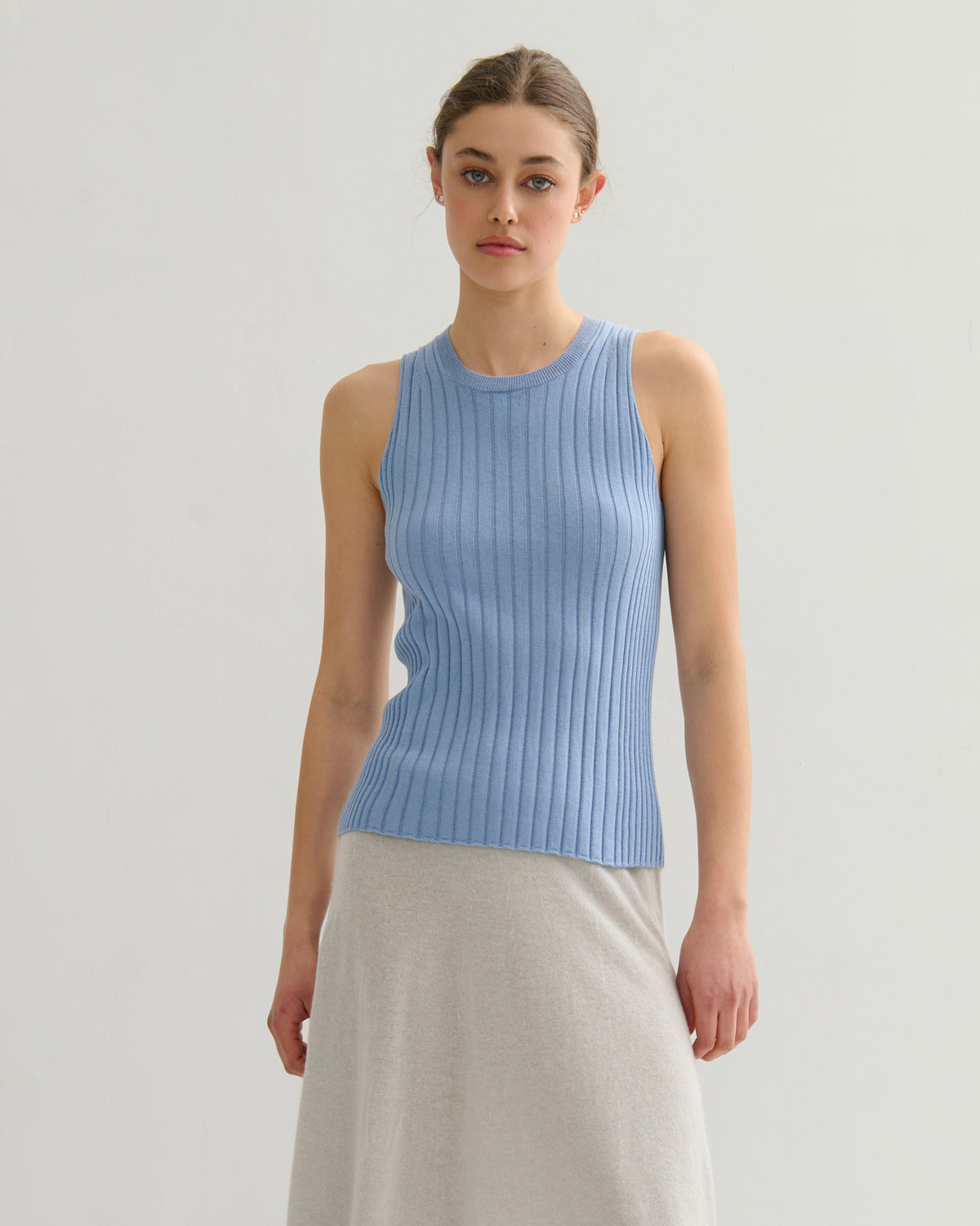 COTTON CASHMERE RIBBED TANK TOP - WASHED DENIM