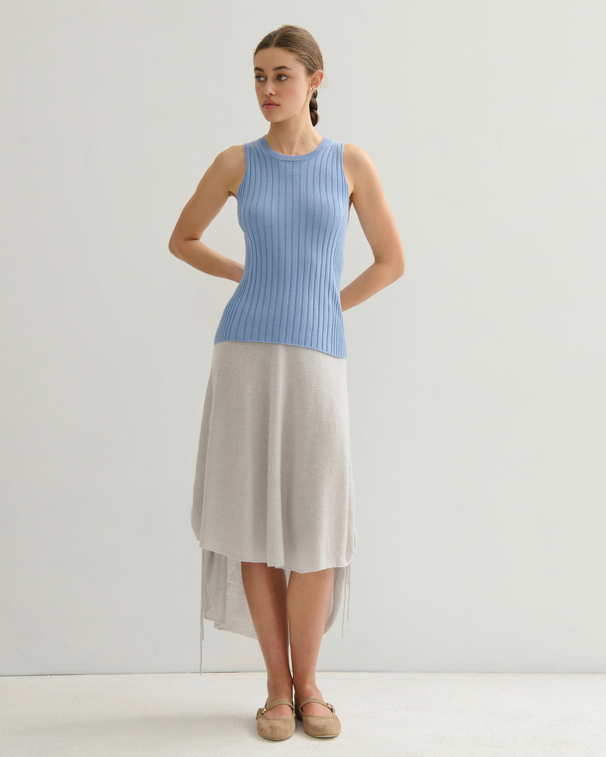COTTON CASHMERE RIBBED TANK TOP - WASHED DENIM