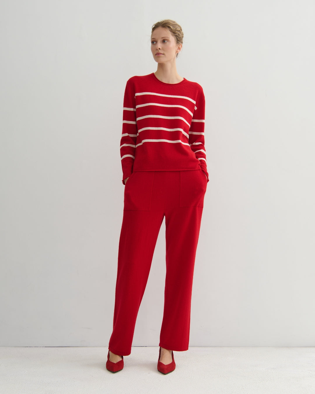 EASY DAYS CASHMERE STRIPED CREW - SCARLET RED