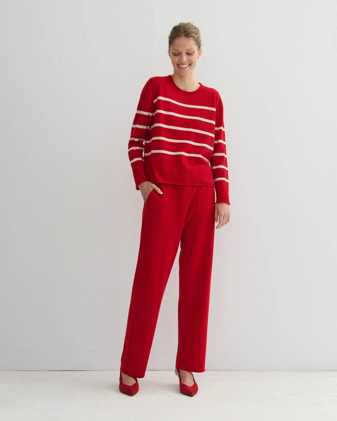 EASY DAYS CASHMERE STRIPED CREW - SCARLET RED