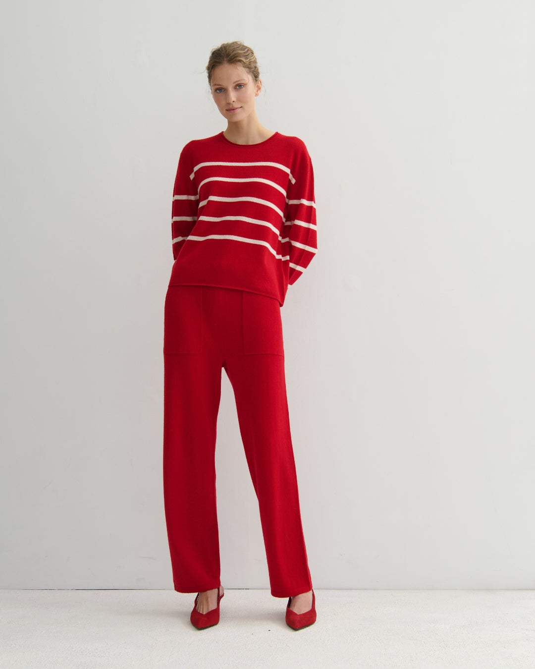 EASY DAYS CASHMERE STRIPED CREW - SCARLET RED