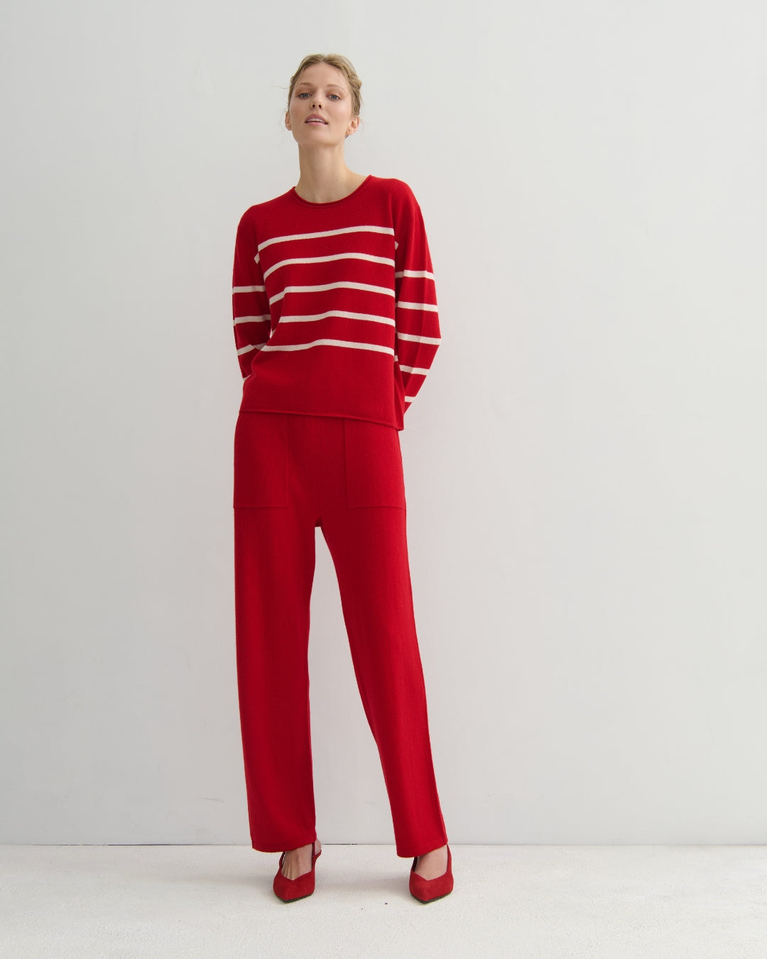 EASY DAYS CASHMERE STRIPED CREW - SCARLET RED