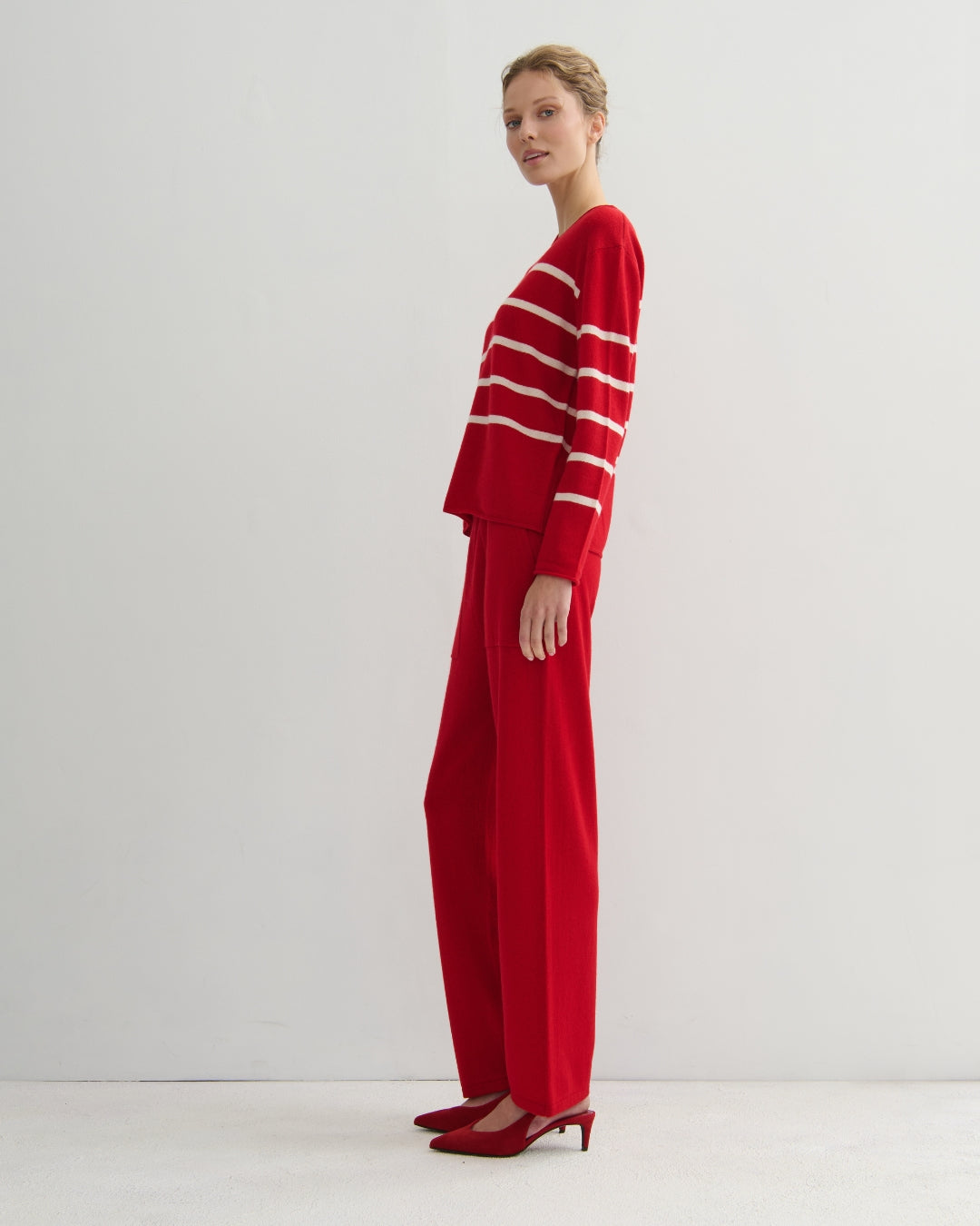 EASY DAYS CASHMERE STRIPED CREW - SCARLET RED