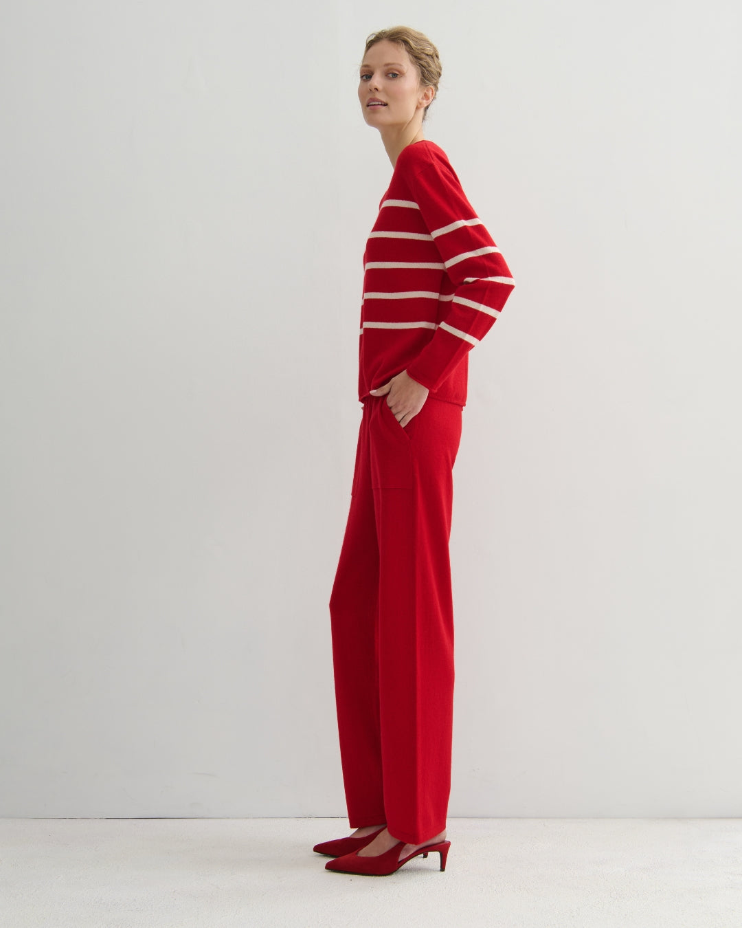 EASY DAYS CASHMERE STRIPED CREW - SCARLET RED