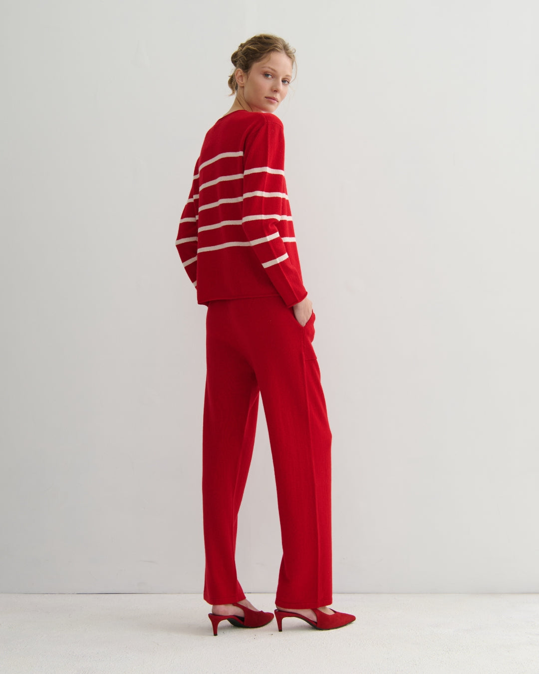 EASY DAYS CASHMERE STRIPED CREW - SCARLET RED