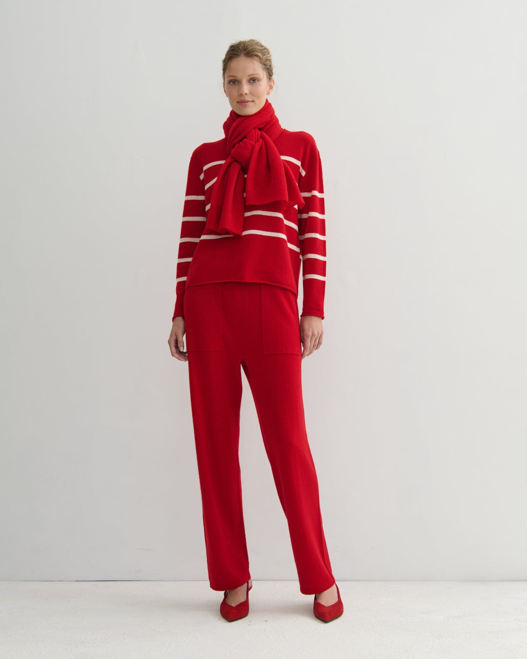 EASY DAYS CASHMERE STRIPED CREW - SCARLET RED