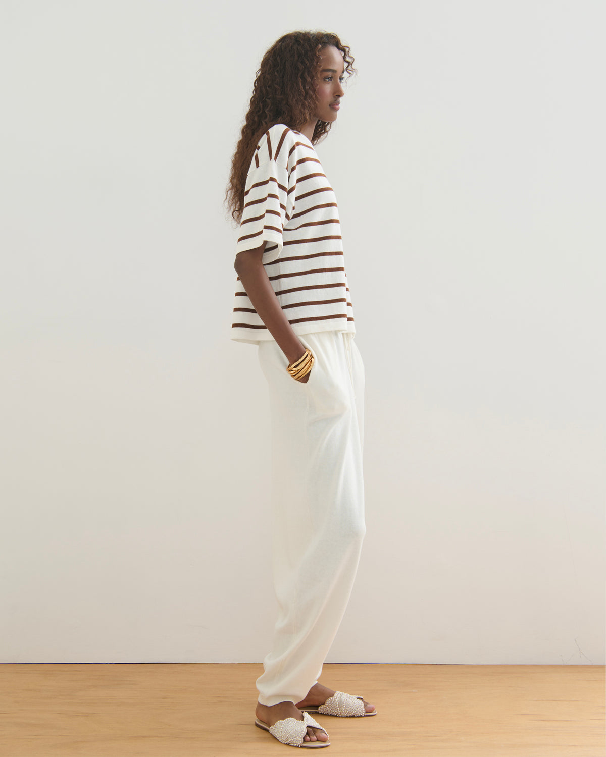 ROAM FREE MID SLEEVE COTTON CASHMERE TEE - PEARL WHITE