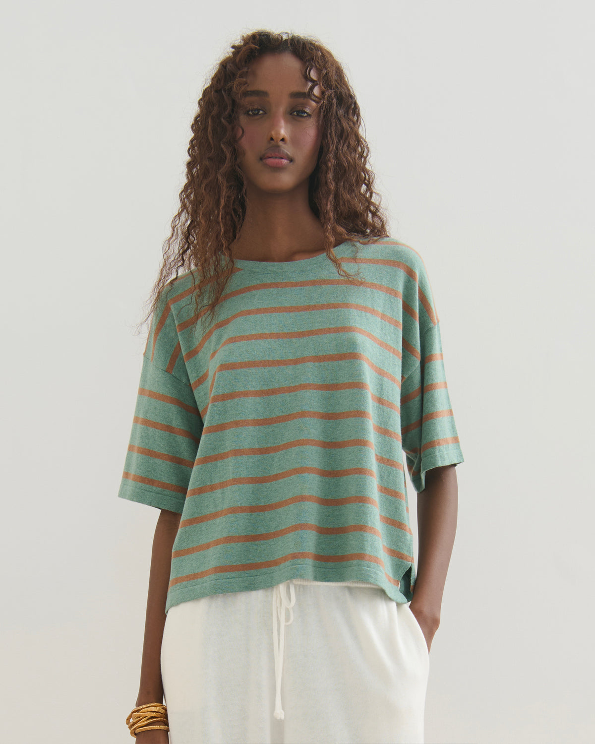 ROAM FREE MID SLEEVE COTTON CASHMERE TEE - POWDERY GREEN