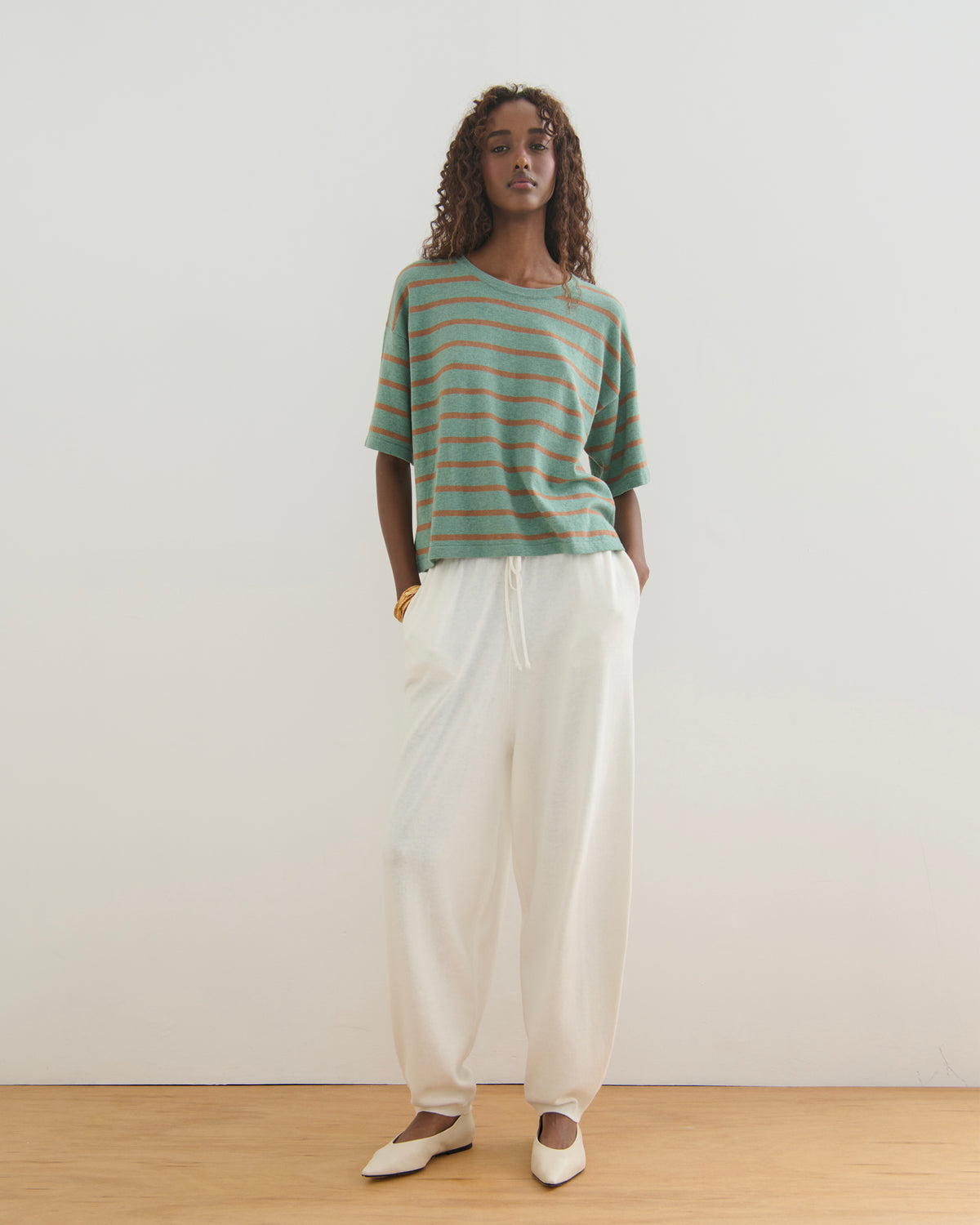 ROAM FREE MID SLEEVE COTTON CASHMERE TEE - POWDERY GREEN
