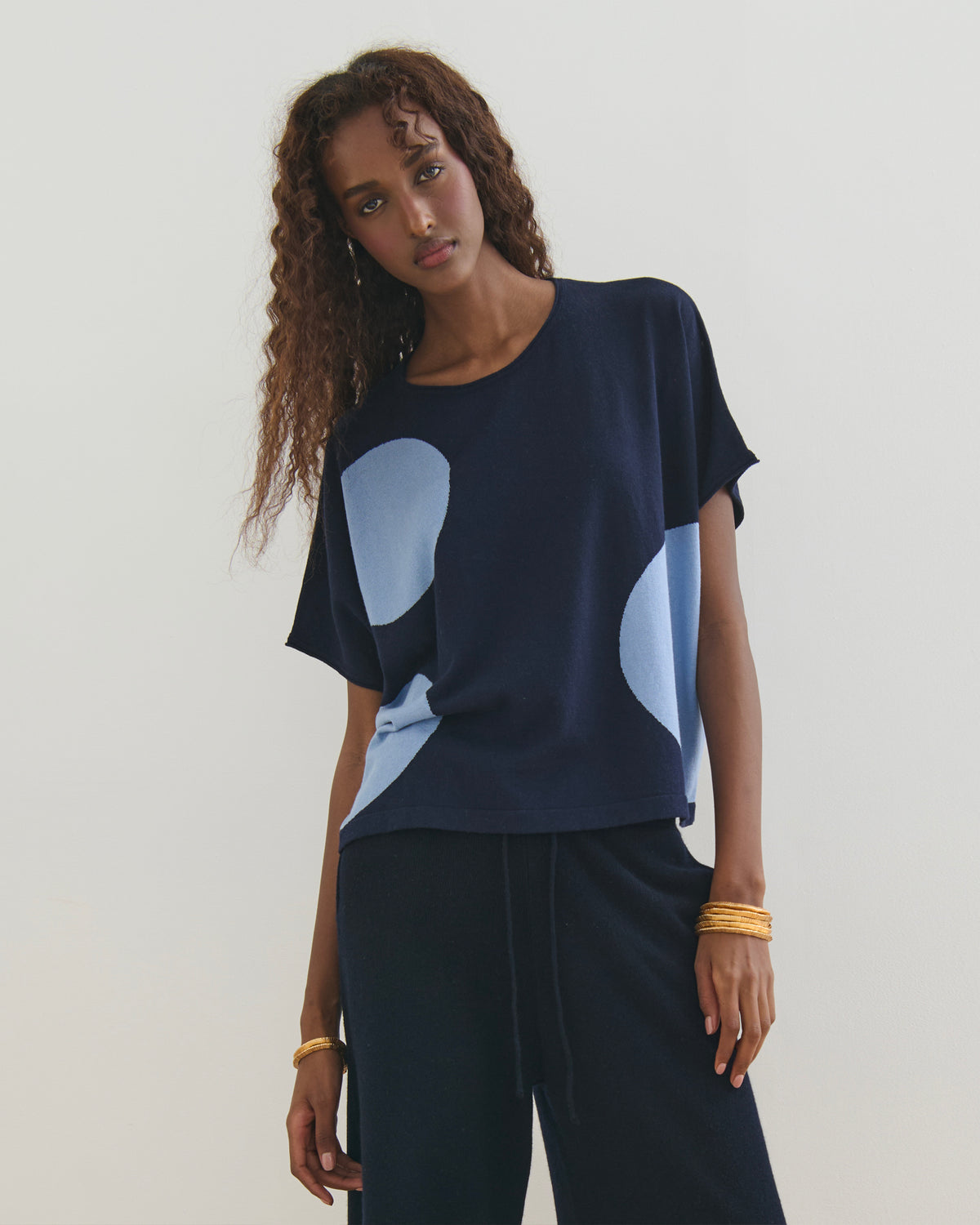 AIRY POLKA COTTON CASHMERE TOP - NAVY