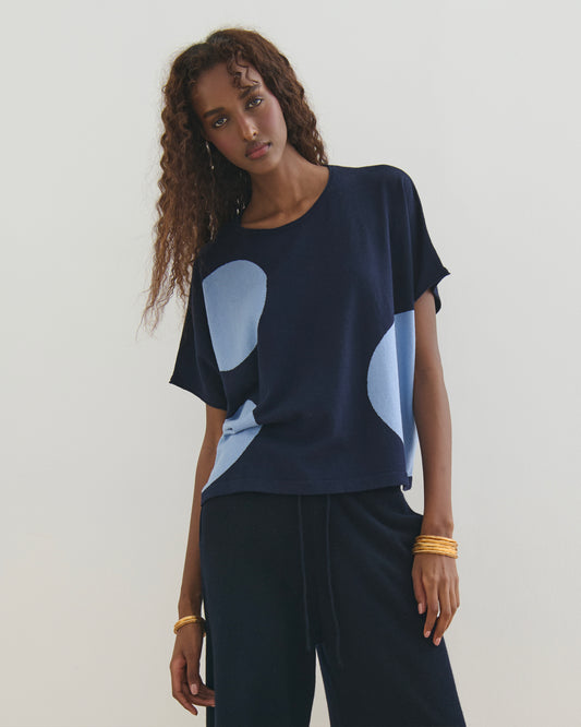 AIRY POLKA COTTON CASHMERE TOP - NAVY