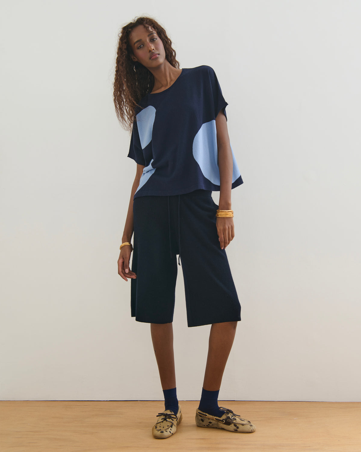 AIRY POLKA COTTON CASHMERE TOP - NAVY