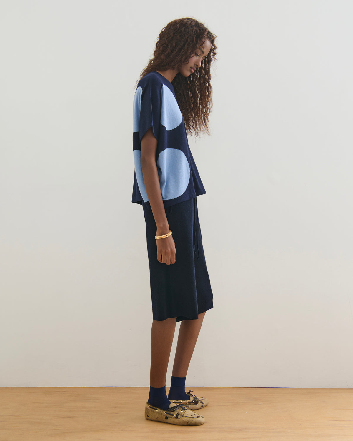 AIRY POLKA COTTON CASHMERE TOP - NAVY