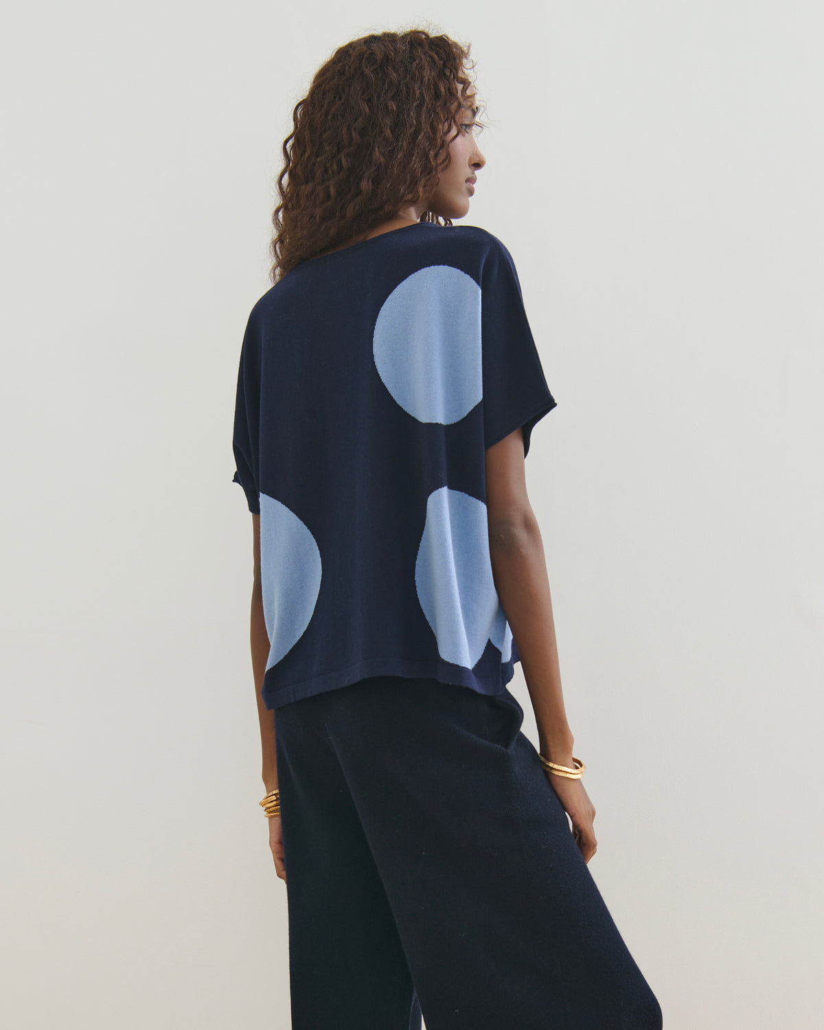 AIRY POLKA COTTON CASHMERE TOP - NAVY