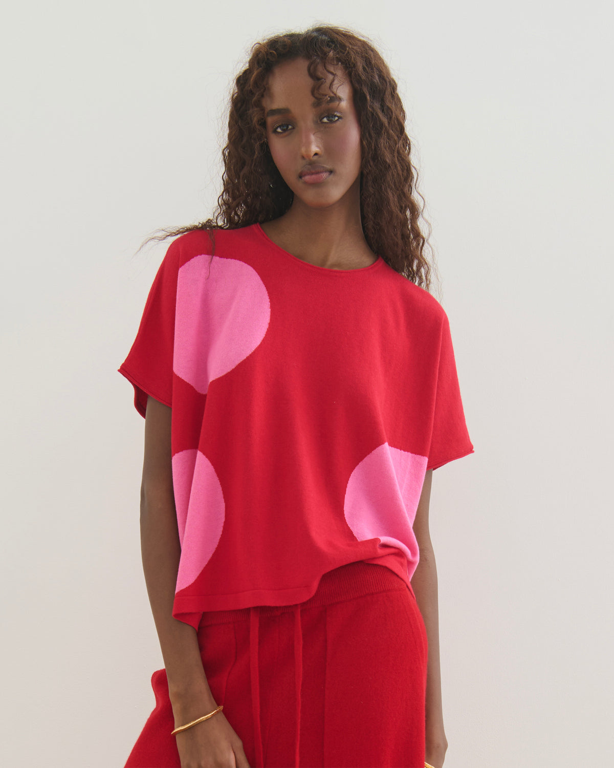AIRY POLKA COTTON CASHMERE TOP - RED PINK