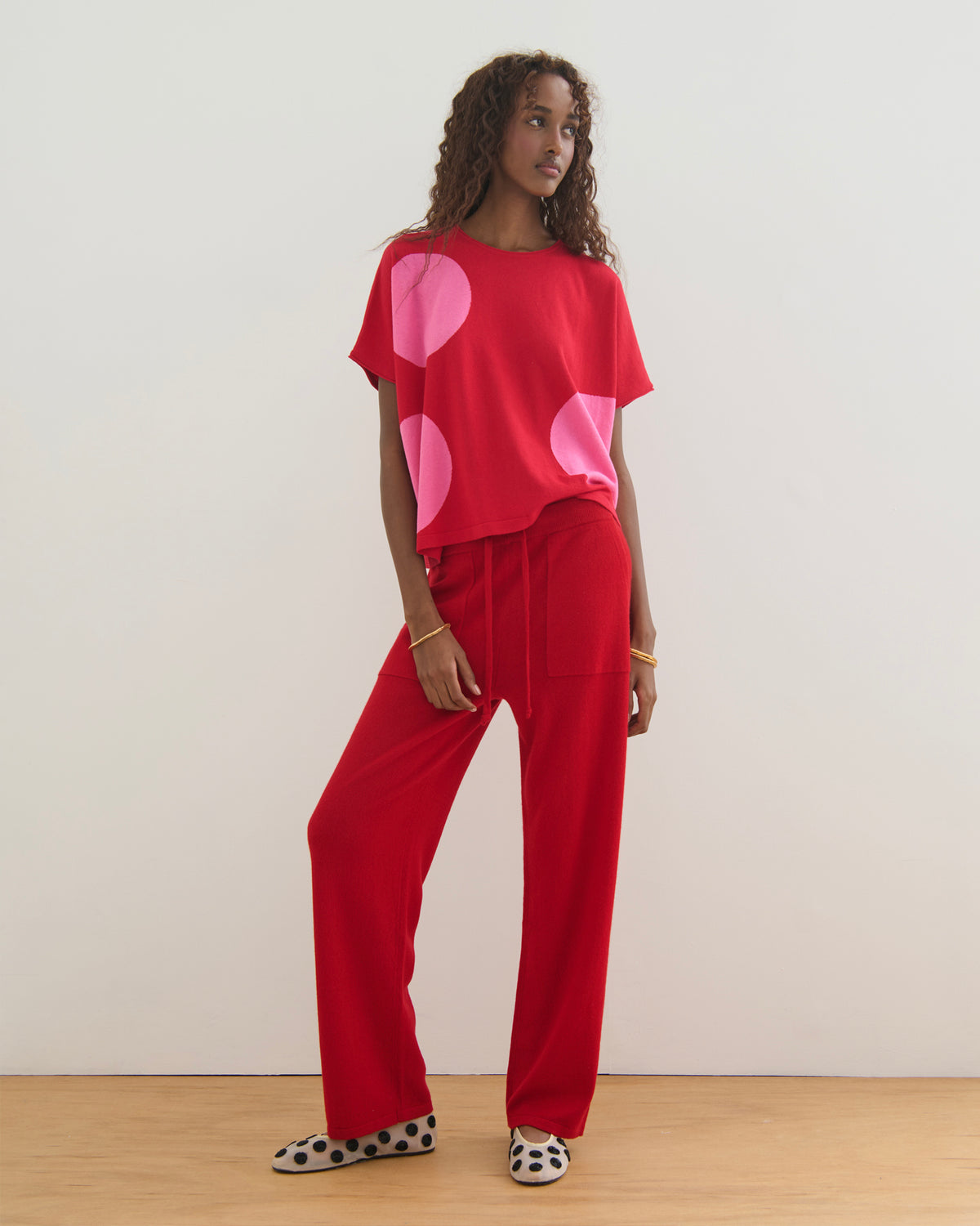 AIRY POLKA COTTON CASHMERE TOP - RED PINK
