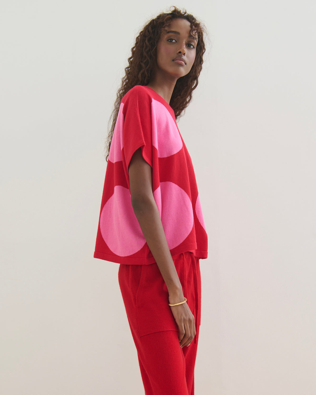 AIRY POLKA COTTON CASHMERE TOP - RED PINK