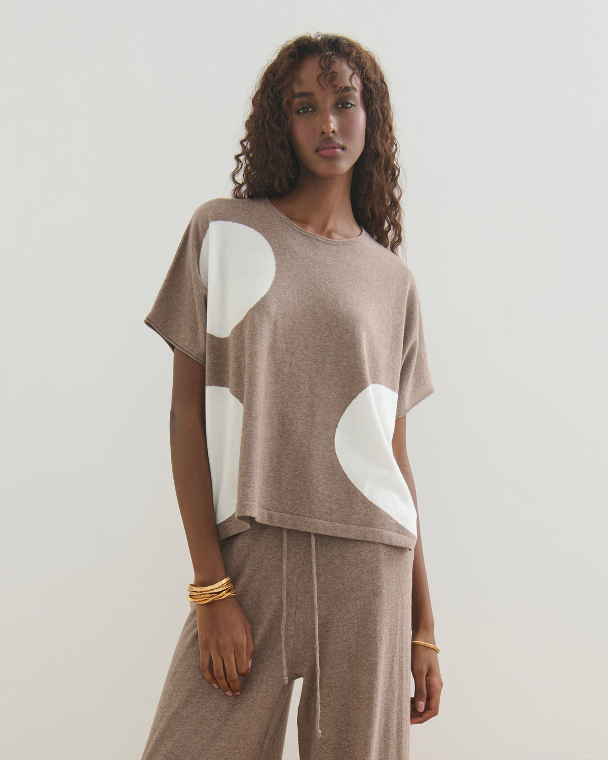 AIRY POLKA COTTON CASHMERE TOP - TAUPE